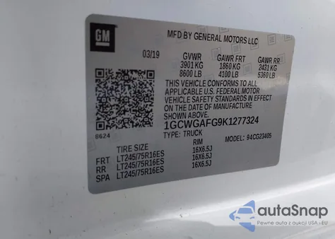 2019 Chevrolet Express 2500 Work Van z USA, uszkodzony, nr VIN 1GCWGAFG9K1277324